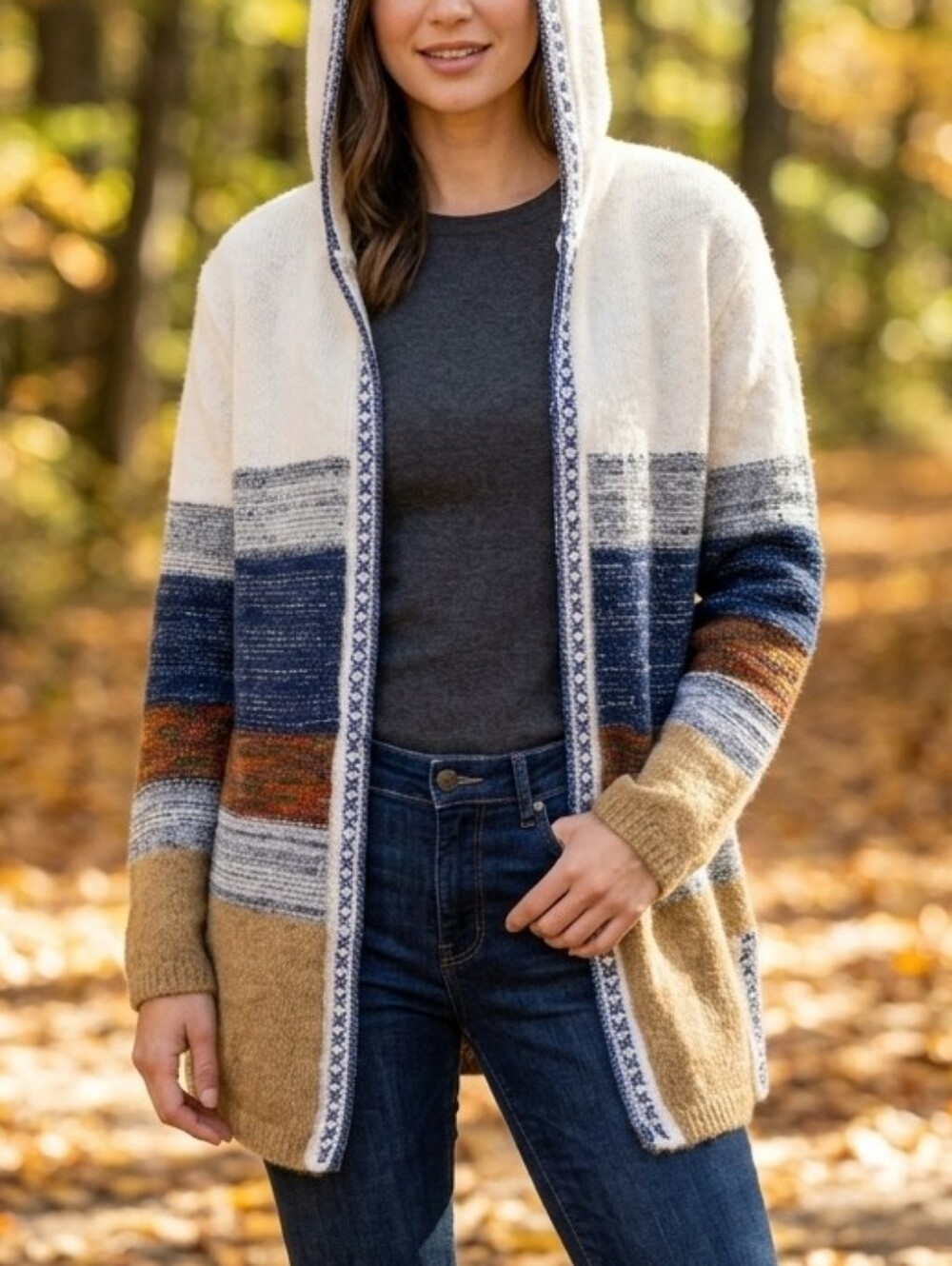 Fate "Siana" Striped Hooded Open Front Cardigan Sweater